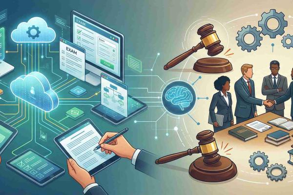 Das Bild ist eine Grafik die digitale Elemente mit juristischen verbindet